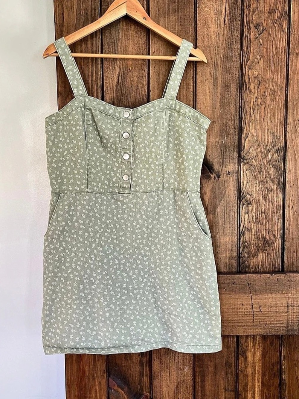 No Boundaries Sage Green Floral Denim Pinafore Overall Jumper Dress XL